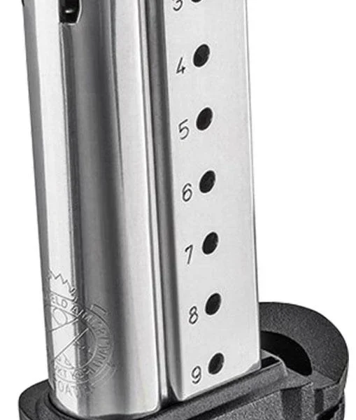 Springfield MAGAZINE SPRGFLD silver magazine with black grip sleeve, angled side view