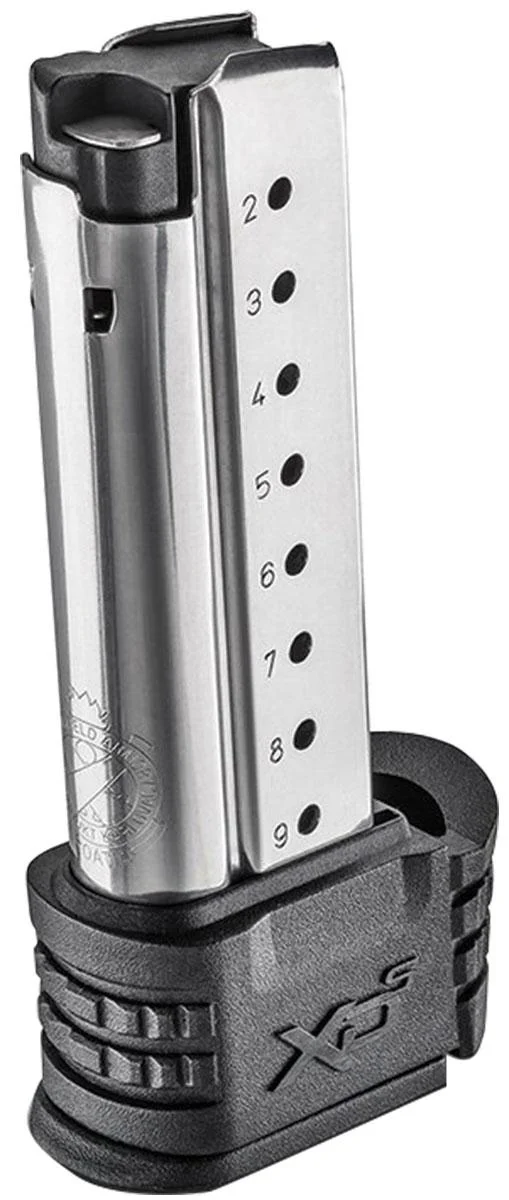 primary-53567 Springfield MAGAZINE SPRGFLD silver magazine with black grip sleeve, angled side view