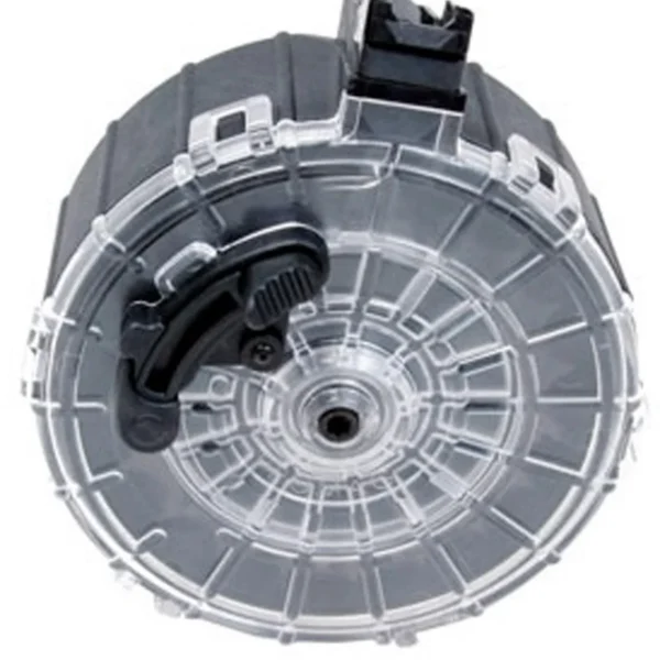 ProMag Saiga Shotgun Magazine translucent drum magazine with black feed tower, side view