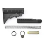 Ruger RUG AR15 Stock Kit with M4 Stock, black stock, buffer tube, spring and hardware laid out