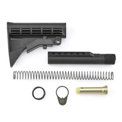 Ruger RUG AR15 Stock Kit with M4 Stock, black stock, buffer tube, spring and hardware laid out