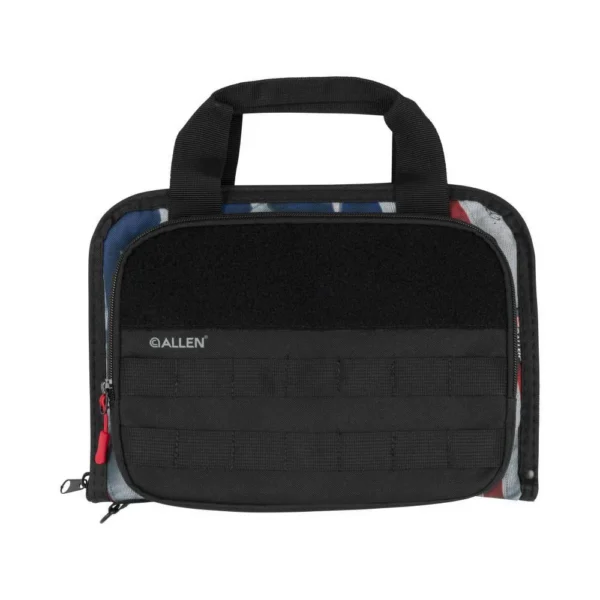 Allen Victory Double Pistol Case, black front view with carry handles, zippers and exterior pocket