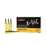 PMC X-Tac Rifle Ammunition, front view of black box beside three brass cartridges