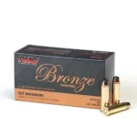 PMC Bronze Handgun Ammunition, black and bronze box with three brass cartridges