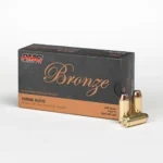 PMC Bronze Handgun Ammunition, black and orange box with three cartridges in front