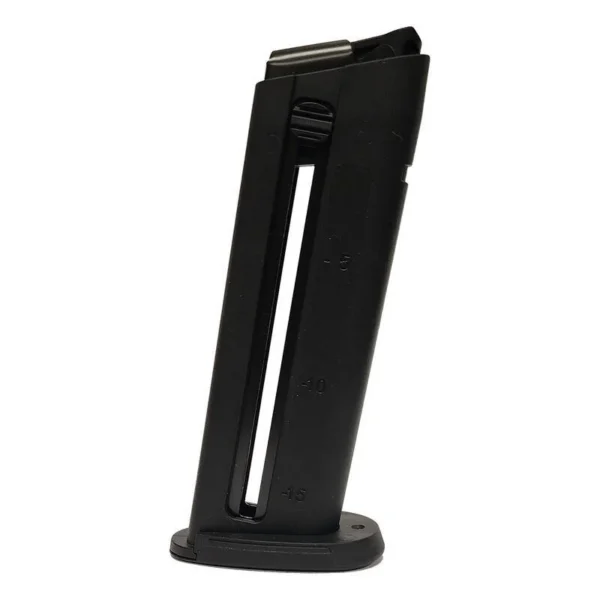 Walther MAG WAL WMP, black magazine side view with long witness slot and flared base