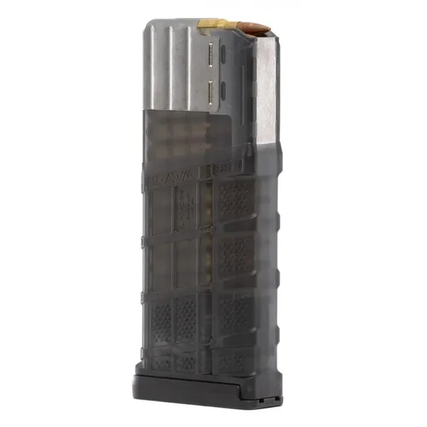 LANCER L7AWM GEN2 translucent smoke magazine, angled view with silver feed lips and cartridge