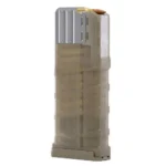 LANCER L7AWM GEN2 translucent tan magazine, upright side view with silver metal feed lips