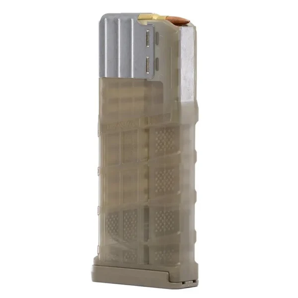 LANCER L7AWM GEN2 translucent tan magazine, upright side view with silver metal feed lips