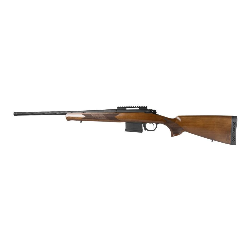 primary-53608 BALIKLI 308WIN 20" TB 5RD WOOD BLK, side view of rifle with brown wood stock and black barrel
