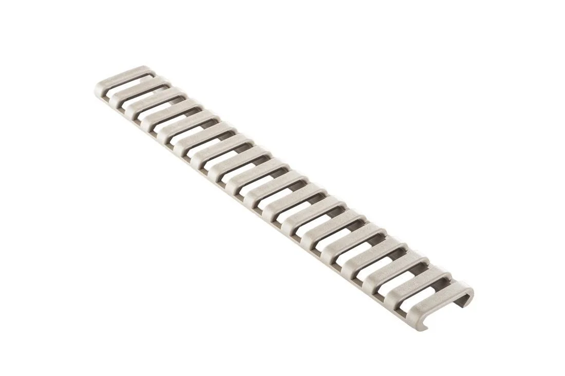 primary-53613 ERGO 18-SLOT LDDR RAIL COVERS 3PK DE, dark earth slotted rail cover in angled top view