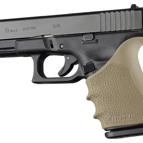 Hogue HandAll Beavertail Grip Sleeve in flat dark earth, fitted to a black pistol, left-side view