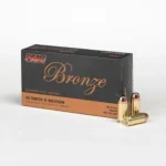 PMC Bronze 40 S&W Handgun Ammunition, black and bronze box with three cartridges