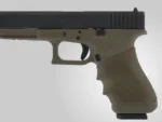 Hogue HandAll Full Size Universal Grip Sleeve OD green sleeve fitted on a handgun grip, left-side view