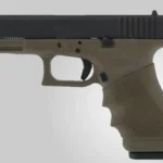 Hogue HandAll Full Size Universal Grip Sleeve OD green sleeve fitted on a handgun grip, left-side view