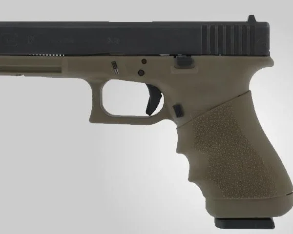 Hogue HandAll Full Size Universal Grip Sleeve OD green sleeve fitted on a handgun grip, left-side view
