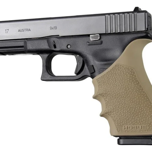 Hogue HandAll Beavertail Grip Sleeve, FDE sleeve fitted to a black pistol in left-side view