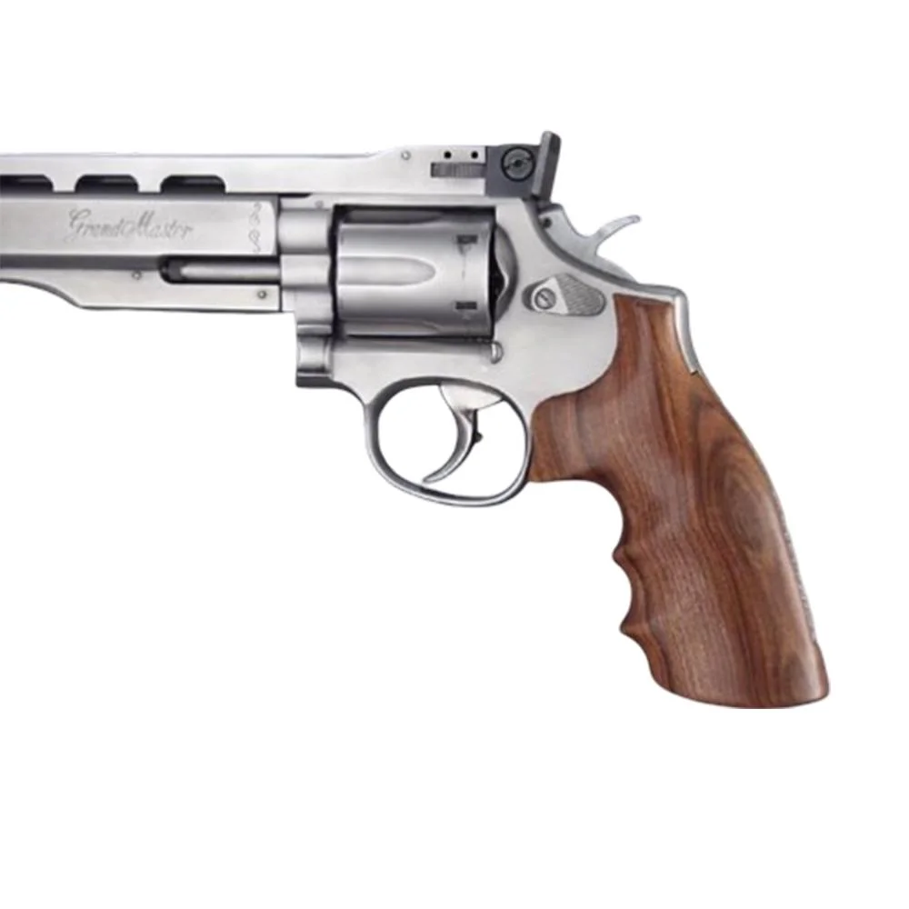 primary-53641 Hogue S&W K/L Square Butt grip, brown Pau Ferro wood grip mounted on a silver revolver