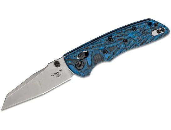 Hogue Deka ABLE Lock folder, open side view with silver blade and blue-black patterned handle