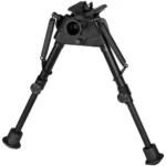 Harris S-BR2 Bipod in black, front angled view with extended legs, springs and rubber feet