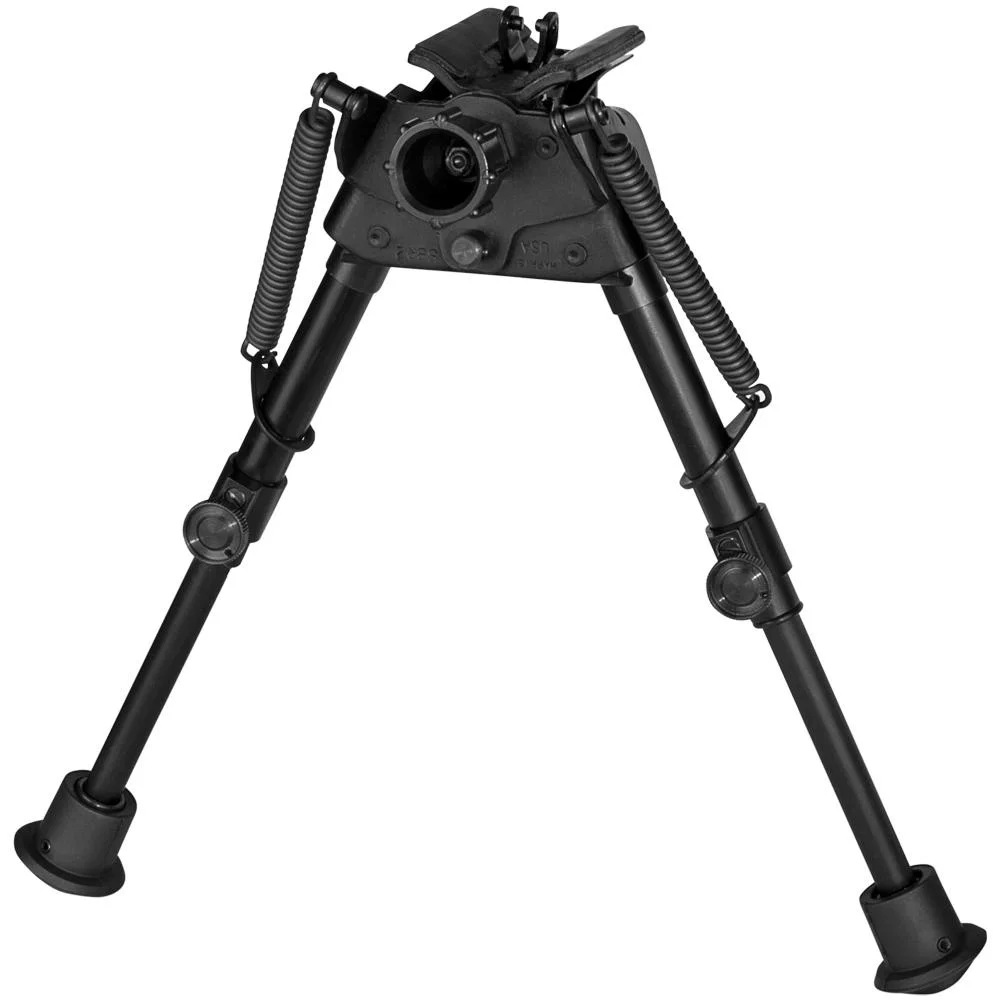 primary-53662 Harris S-BR2 Bipod in black, front angled view with extended legs, springs and rubber feet