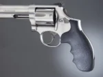 Hogue S&W K/L Round Butt black textured finger-groove grip installed on a stainless revolver