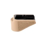 Hogue grip extension base pad for Glock 26 magazine, FDE side view with textured panel