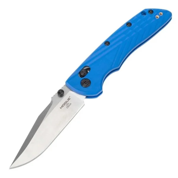 Hogue Deka Manual Folder Knife, open angled view with blue handle and silver clip-point blade