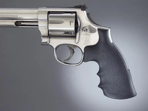 Hogue S&W K/L Convertion Kit, black finger-groove rubber grip shown on a silver revolver