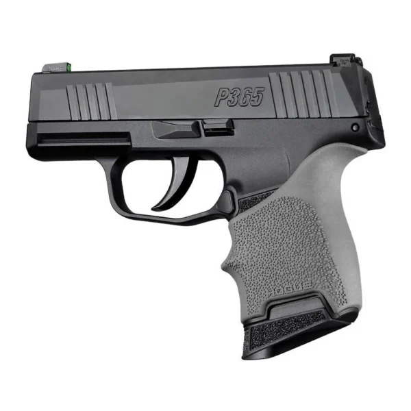 Hogue HandAll Beavertail Grip Sleeve for Sig Sauer P365, slate grey sleeve fitted on pistol