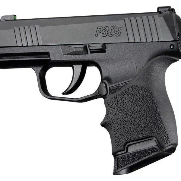 HOGUE HANDALL BVRTL SIG P365 BLK, black textured grip sleeve fitted to pistol, left-side view