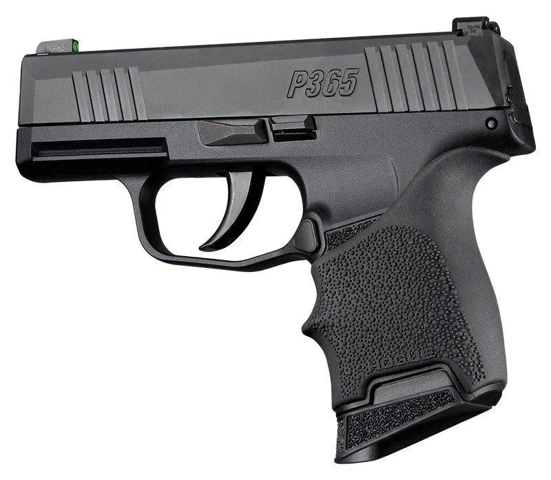 primary-53682 HOGUE HANDALL BVRTL SIG P365 BLK, black textured grip sleeve fitted to pistol, left-side view