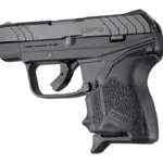 Hogue HandAll Beavertail Grip Sleeve Ruger LCP II Black fitted on pistol, left-side view
