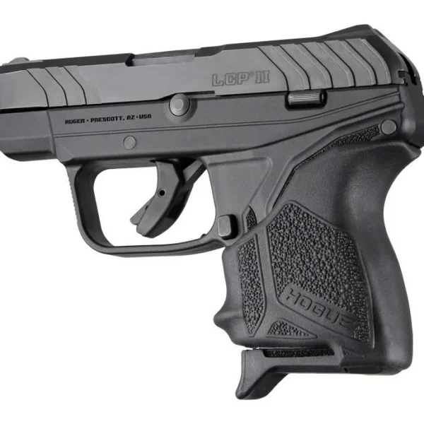 Hogue HandAll Beavertail Grip Sleeve Ruger LCP II Black fitted on pistol, left-side view