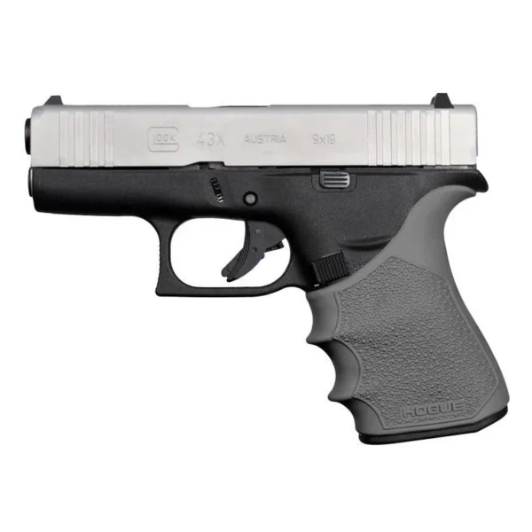 HOGUE HANDALL BVT SLTE GRY gray finger-groove grip sleeve fitted on pistol, left-side view