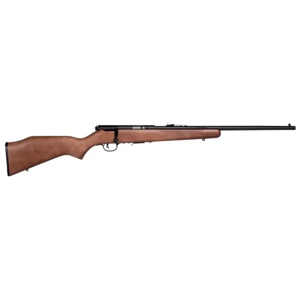 Savage Arms SAV 93 G rifle, right side view with brown wood stock and black barrel
