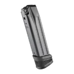 Springfield Echelon 4.5 magazine, angled view of metallic body with black extended baseplate
