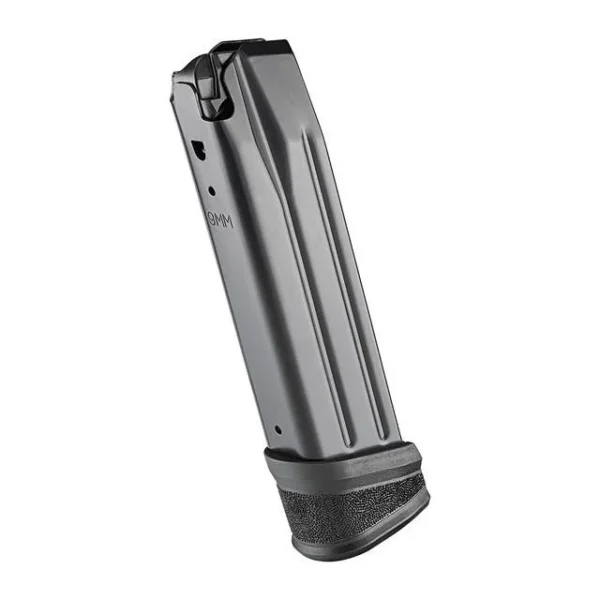 Springfield Echelon 4.5 magazine, angled view of metallic body with black extended baseplate