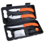 Outdoor Edge Wildlite open black case with orange-handled knives and accessories