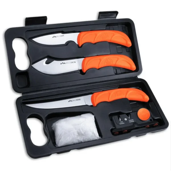 Outdoor Edge Wildlite open black case with orange-handled knives and accessories