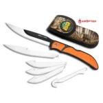Outdoor Edge Razorbone orange folding knife open with sheath and five replacement blades