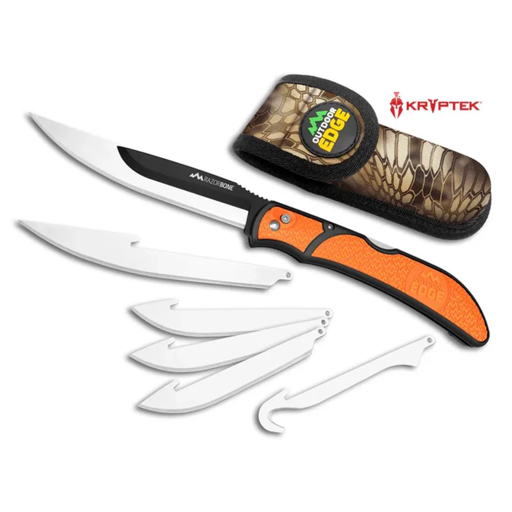 primary-53710 Outdoor Edge Razorbone orange folding knife open with sheath and five replacement blades