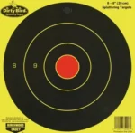 Birchwood Casey Dirty Bird Bulls-Eye Target, black round target with yellow rings and red center