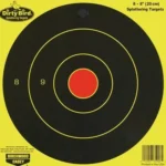 Birchwood Casey Dirty Bird Bulls-Eye Target, black round target with yellow rings and red center