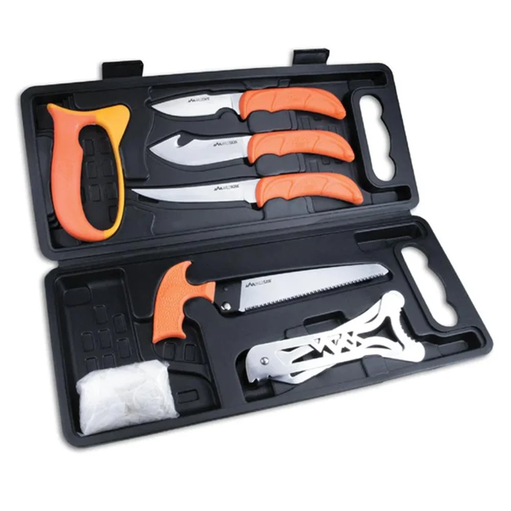 primary-53715 Outdoor Edge Wildpak, open black case with orange-handled knives, saw and accessories