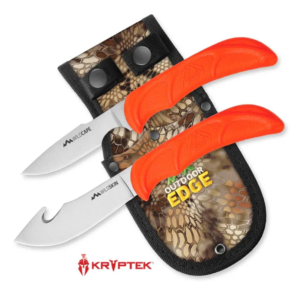 primary-53720 OD EDGE WILD-PAIR SKINNER/CAPER STH, two orange-handled knives with camouflage sheath