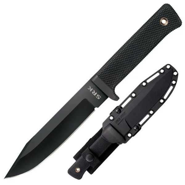 Cold Steel SRK Search Rescue Knife, black fixed blade beside black sheath