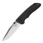 Hogue Deka black folding knife, side view with silver clip point blade open and thumb stud