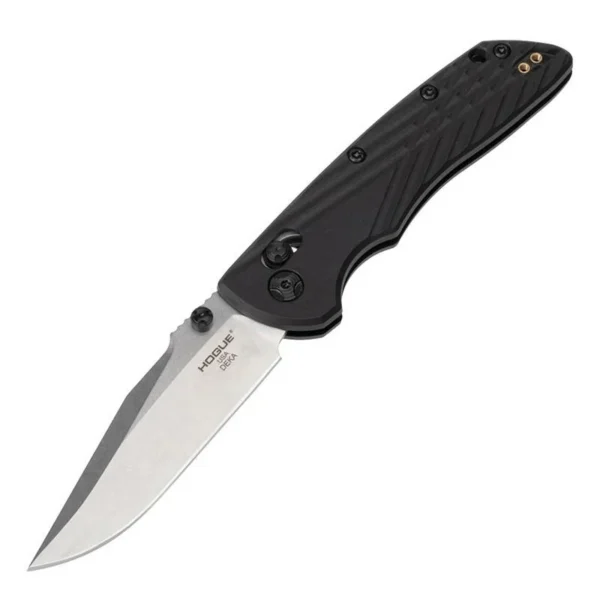 Hogue Deka black folding knife, side view with silver clip point blade open and thumb stud