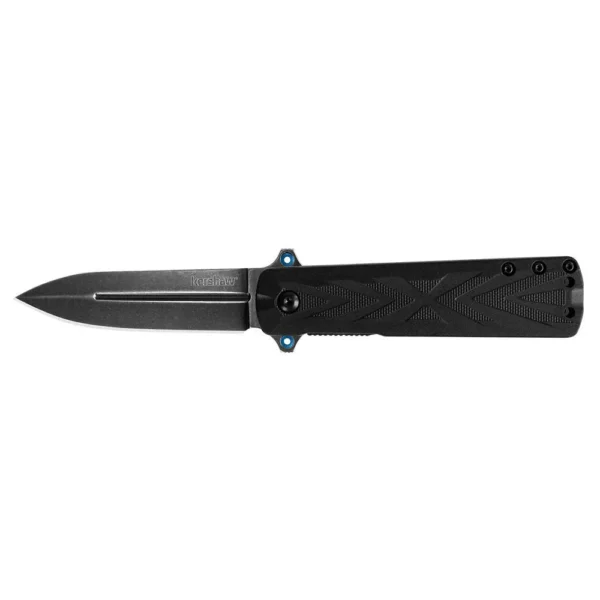 Kershaw Barstow Folding Knife, open right-side view with black spear-point blade and handle